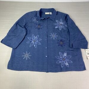 Alfred Dunner Women's 100% Silk Size 22W Floral Button‎ Up 3/4 Sleeve Blouse